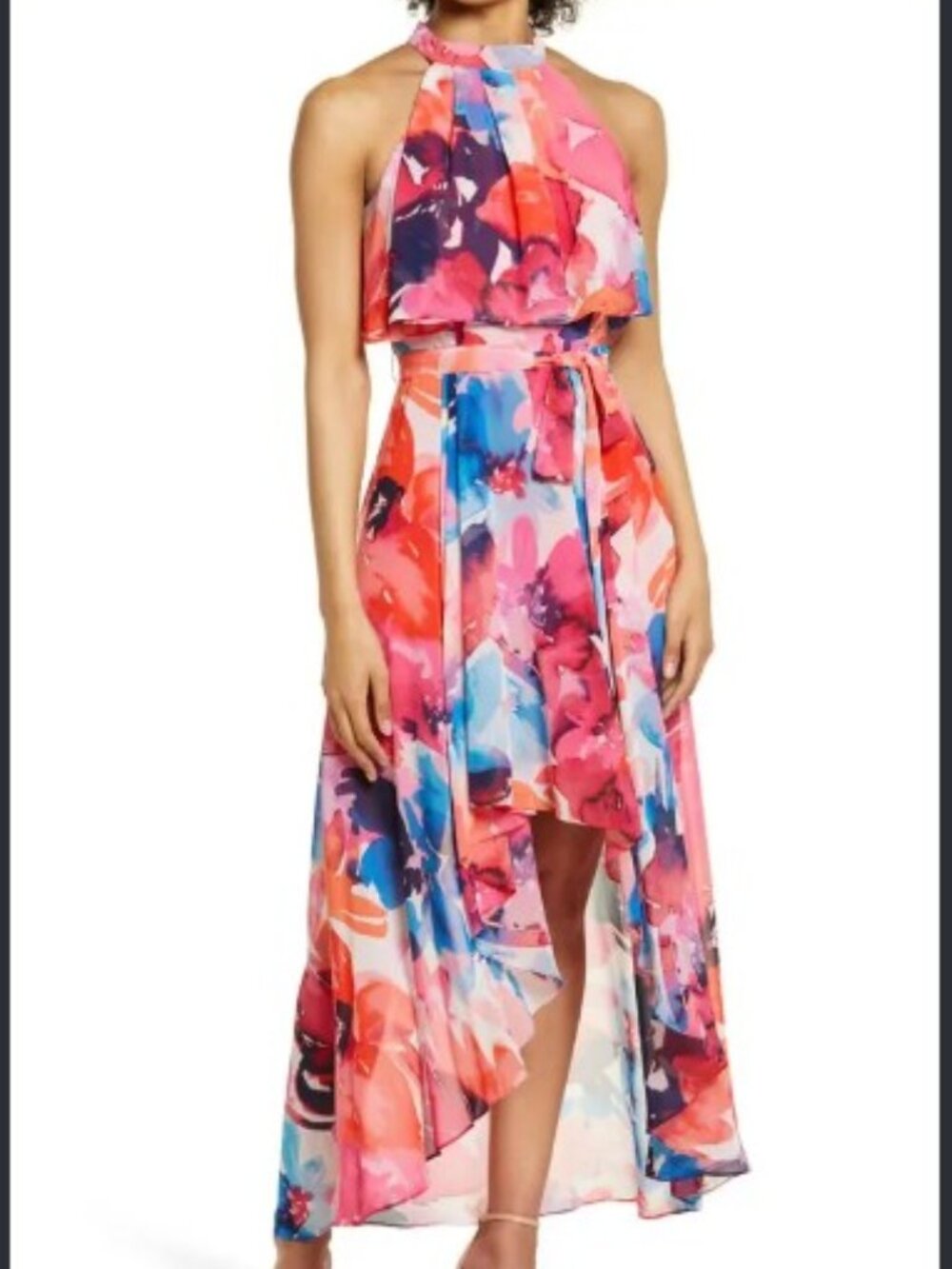 Eliza J Floral Chiffon Halter Popover High Low Maxi Dress Sz 6 Pink Coral